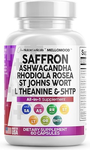 Clean Saffron Supplements with Ashwagandha 8000mg - Mood Support with L-Theanine 200mg, Ginkgo Biloba 6000mg, St. John's Wort 6000mg, Rhodiola Rosea 3000mg & 5-HTP 500mg - Saffron Pills Capsules (Капсулы) USA Clean Nutraceuticals