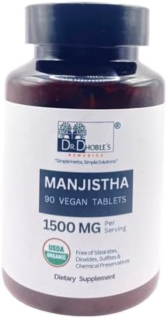 Manjistha, 1500 Mg/Serving, USDA Organic Certified, Halal Certified, Gluten-free, 90 Vegan Tablets DR. DHOBLE’S REMEDIES