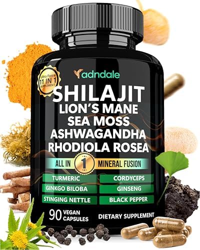 Shilajit Pure Himalayan Organic. 11-in-1 Shilajit for Men. Shilajit Capsules with Sea Moss Himalayan Shilajit Ashwagandha Rhodiola Rosea Panax Ginseng Turmeric Lion’s Mane Ginkgo. 27’505 mg/Serving Adndale