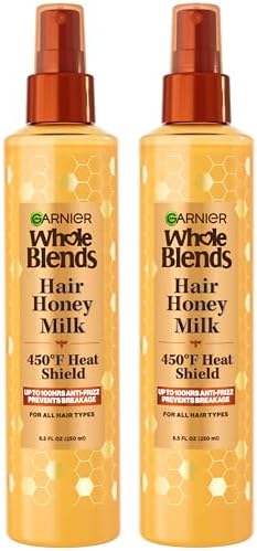 Garnier Whole Blends Hair Honey Milk 450F Heat Protectant Spray, For All Hair Types With Up To 100 Hrs of Frizz Control, 8.5 Fl Oz, 2 Count Garnier