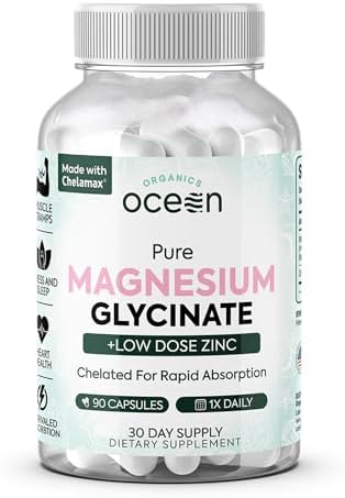 Pure Magnesium Glycinate with Zinc - Maximum Strength Chelated Magnesium Supplement for Women and Men for Muscle Cramps and Sleep Support - 90 Capsules Organics Ocean