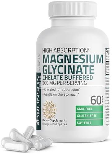 Bronson Magnesium Glycinate 200 MG per Serving Chelated for High Absorption, Gentle On Stomach, Non-GMO, 60 Vegetarian Capsules Bronson