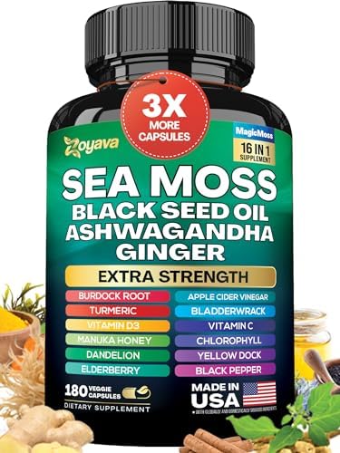 Sea Moss 7000mg Black Seed Oil 4000mg Ashwagandha 2000mg Turmeric 2000mg Bladderwrack 2000mg Burdock 2000mg & Ginger Vitamin C Vitamin D3 with Elderberry Manuka Dandelion Yellow Dock Chlorophyll ACV Zoyava