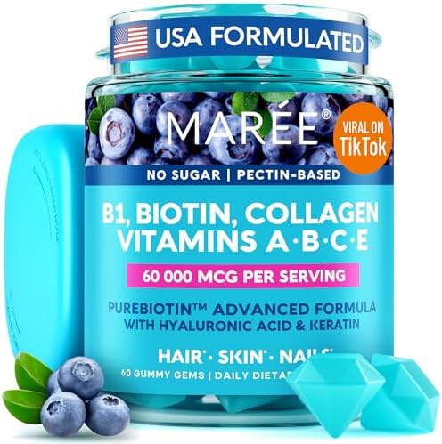 MAREE Vitamin B1 Thiamine & B7 Biotin Gummies (Жевательные конфеты) - A E D C Vitamins Complex with Keratin, Collagen, Hyaluronic & Pantothenic Acid for Skin, Nails & Hair Maree