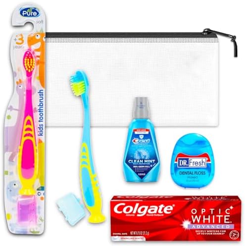 Oral Care Travel Kit for Kids- Bundle with Travel Toothbrush, 2 Floss Packs, Cavity Protection Toothpaste, Mouthwash, Travel Bag, and More for Boys, Girls, Toddlers | TSA Friendly Toothbrush Set Graydon Hall