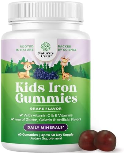 Kids Iron Gummies - Blood Builder Iron Supplements for Kids with Gentle for Stronger Immunity & Energy - Vitamin B12, Folate & Vitamin C Gummies - Vegan, GMO & Gluten Free for Toddlers - 60 Count Natures Craft