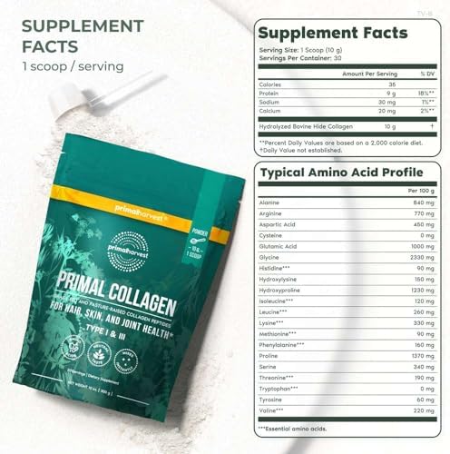 Primal Harvest Collagen Powder for Women or Men Primal Collagen Peptides Powder Type I & III, 10 Oz Collagen Protein Powder for Hair, Skin, Nails (Single, Original) Primal Harvest