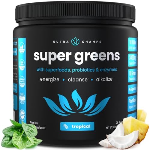 NutraChamps Super Greens Powder (Порошок) Premium Superfood | 20+ Organic Green Veggie Whole Foods | Alfalfa, Spirulina, Chlorella & More | Antioxidant, Digestive Enzyme & Probiotic Blends | Tropical NutraChamps