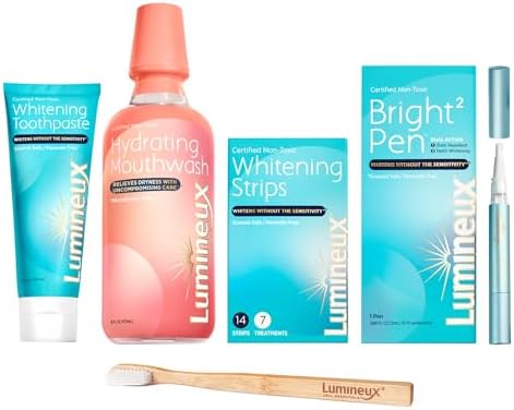 Lumineux Favorites Kit Peroxide Free Enamel Safe includes 7 Whitening Treatments, 1 Whitening Pen, Hydrating Mouthwash, Whitening Toothpaste & Bamboo Toothbrush Certified Non-Toxic Dentist Formulated Lumineux