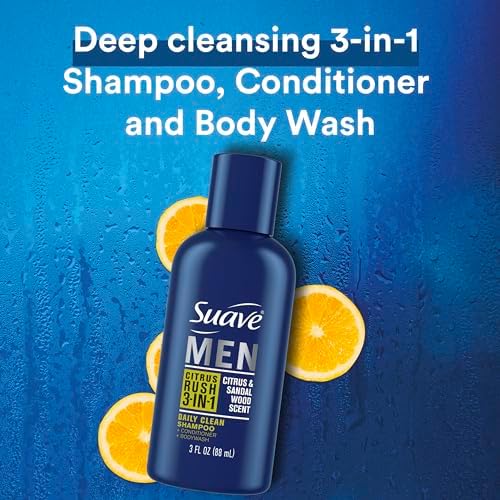 Suave Men Body Wash 3-in-1 Citrus Rush – Travel-Size Shampoo, Conditioner & Body Soap All-in-One Formula with Keratin for Healthy Hair & Skin, 3 Oz Ea (Pack of 3) Suave