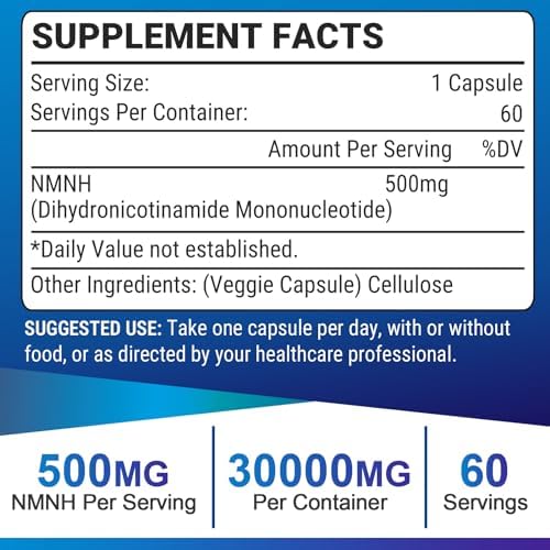 NMNH (Dihydronicotinamide Mononucleotide), 500mg per Serving (Порция) NAD Supplement to Boost NAD+ Levels as We Age (May Be More Effective Than Nicotinamide Riboside) for Anti Aging, Energy, Focus - 60 Capsule Ucessuyy