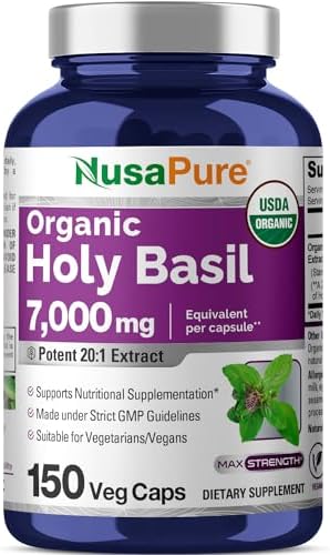 NusaPure USDA Organic Holy Basil Capsules (Капсулы) 7000 mg | 150 Vegan Caps | Tulsi Holy Basil Leaf Extract | 2.5% Ursolic Acid | Non-GMO NusaPure