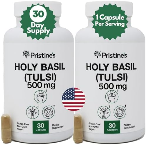 PRISTINE'S Holy Basil 500MG (Tulsi) Relaxation & Immunity Support Adaptogen Supplement (2 Pack) - 60 Day Supply - Holy Basil Leaf Capsules (Капсулы) - Vegan - Non-GMO Supplements PRISTINE'S