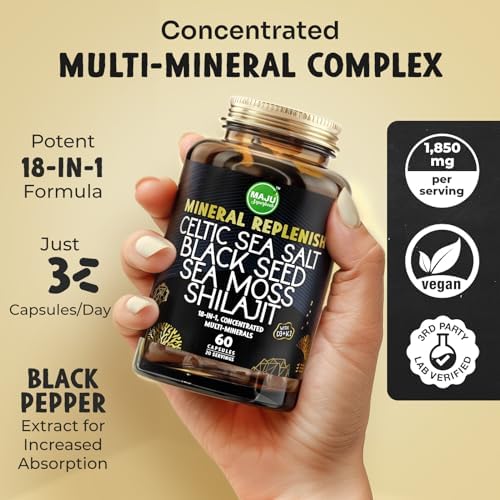 MAJU 18-in-1 Black Seed, Shilajit, Sea Moss, Celtic Sea Salt + D3 & K2, Concentrated Extracts, Trace Multi Mineral Capsules (Капсулы), Men & Women Electrolytes Supplements Maju Superfoods