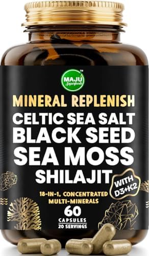 MAJU 18-in-1 Black Seed, Shilajit, Sea Moss, Celtic Sea Salt + D3 & K2, Concentrated Extracts, Trace Multi Mineral Capsules, Men & Women Electrolytes Supplements Maju Superfoods