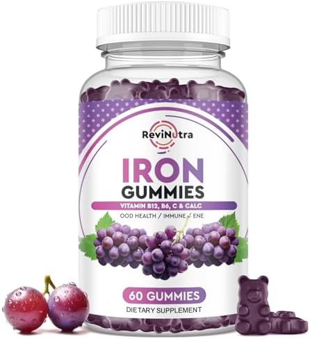 Iron Gummies - with Calcium, Zinc, Folate & Vitamin B12, C,B6 for Adults & Kids - Blood Builder & Energy Support for Iron Deficiency, Anemia, Vegan - 60 Gummies ReviNutra