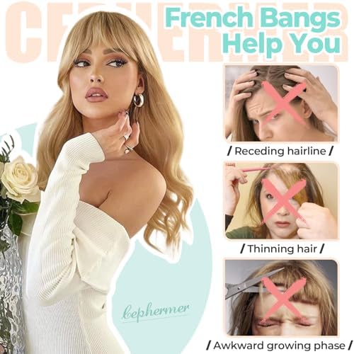 Clip in Bangs, Synthetic French Bangs Hair Clip, Ash Blonde Fake Bangs Fringe with Temples Hairpieces for Women Natural Curved Bangs Clip in Hair Extensions for Daily Wear Cephermer