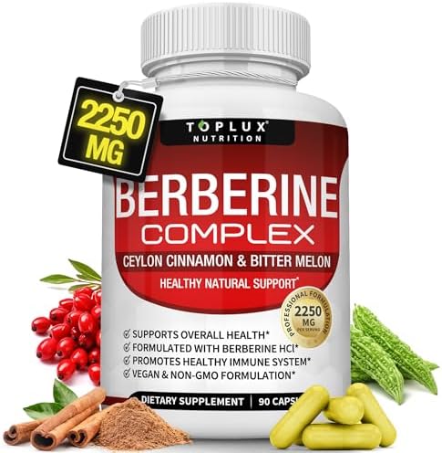 Berberine with Ceylon Cinnamon and Bitter Melon 2250mg - Premium Berberine HCl 97% purity Organic Ceylon Cinnamon & Bitter Melon, Berberine plus supplement, Healthy Immune System, Non-GMO 90 Capsules (Капсулы) Toplux