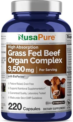 NusaPure Grass Fed Beef Organ Complex | 220 Capsules | Pasture Raised | with Desiccated Liver, Kidney, Pancreas, Heart, Spleen | Soyfree Non-GMO, Bioperine NusaPure