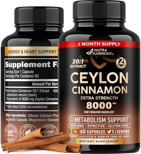 Ceylon Cinnamon Capsules (Капсулы) - 8000 mg, Extra Strength - Made in USA - Energy, Heart & Metabolism Support - for Men & Women - Pure Natural Extract 20:1 Supplement - 60 Vegan Pills, 2 Month Supply NUTRAHARMONY