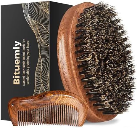 Beard Brush, Natural Boar Bristles Beard Brush for Men and Wooden Sandalwood Pocket Beard Comb Set, Facial Hair Grooming Kit with Mustache Scissors as a Styling Tool, Growth, Detangles, Shine Bituemly