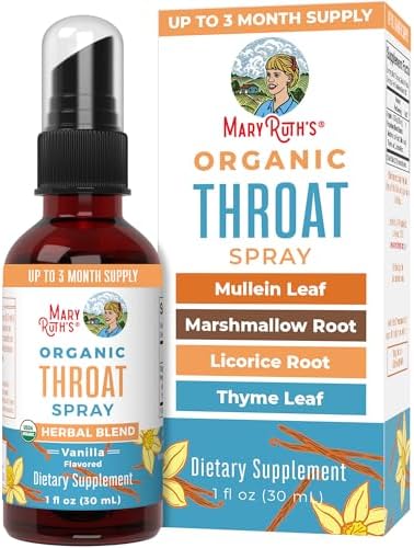 USDA Organic Throat Spray (Спрей) with Mullein Leaf by MaryRuth's | Marshmallow Root & Licorice Root & Thyme Leaf | Vanilla | 4 Herbal Blend | Non-GMO | Vegan | Gluten Free | 1 Fl Oz | Up to 100 Servings (Порции) MaryRuth Organics