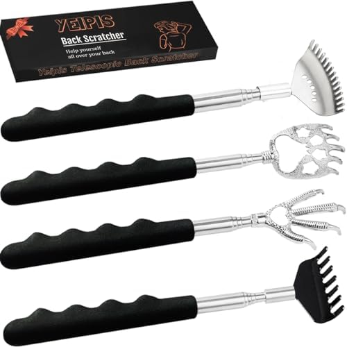 4Pcs Different Back Scratcher Extendable Back Massager Tool with Rubber Handles, Metal Portable Telescoping Back Scratcher, Stocking Stuffers for Men Women Kids Adults (Black) Yeipis