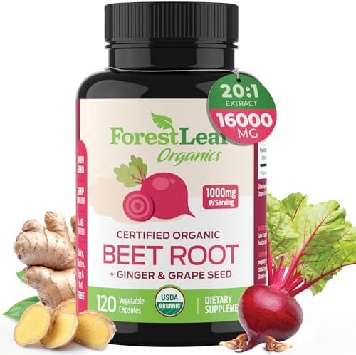 ForestLeaf Organic Beet Root Capsules (Капсулы) - with Ginger & Grape Seed 16000mg Strength 20:1 Extract, Supports Nitric Oxide Production, Beets Supplements with Organic Non-GMO Beetroot Powder (Порошок) 120 Veggie Caps (Вегетарианские капсулы) ForestLeaf