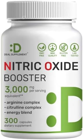 Nitric Oxide Booster 3,000mg Per Serving, 300 Capsules – 12 in 1 Nitric Oxide Supplement – Arginine & Citrulline Complex with Energy Blend – Marshmallow Root – Promotes Nutrient Flow to Muscles &Heart DEAL SUPPLEMENT