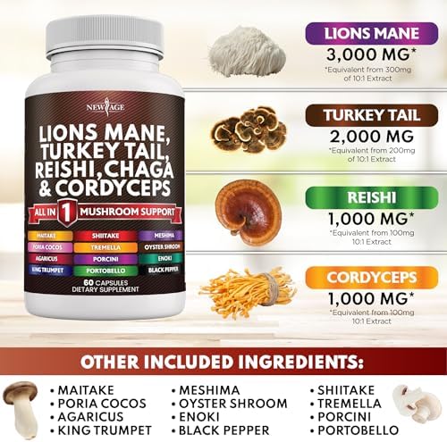 NEW AGE Lions Mane 3000mg 20in1 Mushroom Supplement with Turkey Tail 2000mg Reishi 1000mg Cordyceps Chaga 1000mg with Marshmallow Root - 120 Count NEW AGE