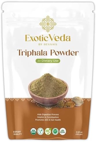 Organic Triphala Powder (Порошок) - Detox Cleanse for Lung, Liver, Colon, and Gut Health - Herbal Skin Care and Fiber Powder - Detox Cleanse with Triphala Ghrita and Triphala Organic India - 100g Exotic Veda