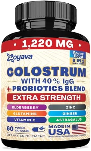 Bovine Colostrum Supplement Capsules, Grass Fed Cow Colostrum with 40% IgG, Probiotics, Elderberry, L-Glutamine, Astragalus, Vitamin C, Ginger, Zinc (60 Capsules) Zoyava