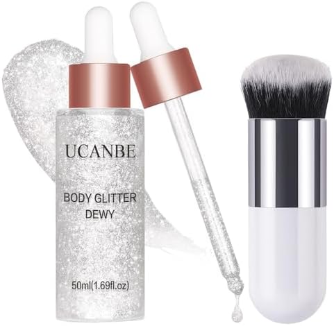 UCANBE Face Body Glitter Liquid Highlighter Illuminator Dewy Drops with Makeup Brush, Makeup Sparkle Shine Luminizer Enhancer Skin Body Shimmer Oil Tint 50ml/1.69oz (03 Rose Gold, Standard) UCANBE