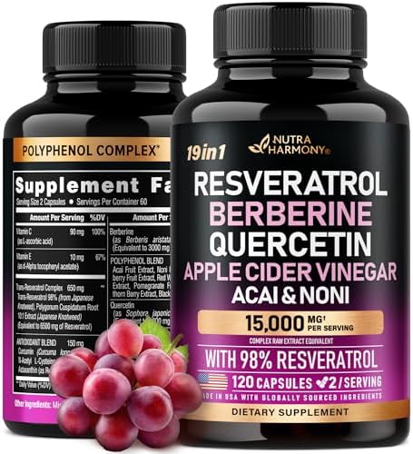 Resveratrol Supplement - 15000mg 19-in-1 Organic Polyphenol Complex - Noni Extract | Berberine | Quercetin | Apple Cider Vinegar | Acai - Made in USA - Antioxidant & Heart Health Support - 120 Caps NUTRAHARMONY