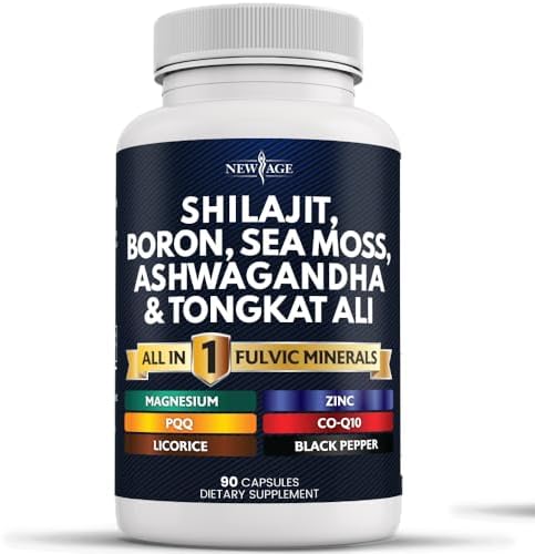 NEW AGE Shilajit Supplement 10,000mg with Sea Moss 6000mg, Ashwagandha 6000mg, Tongkat Ali, Boron, Magnesium - Fulvic Acid Capsules for Men - 180 Count NEW AGE