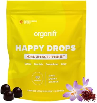 Organifi Happy Drops (Капли) - Daily Superfood Happy Gummies (Жевательные конфеты) for Adults - Mood Support Supplement for Balance, Bliss, Energy and Taking The Edge Off - Sweet Lemon Flavor - 60 Gummies Organifi