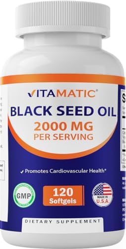 Vitamatic Black Seed Oil Capsules (Капсулы) - 2000 mg per Serving (Порция) - 120 Softgels (Мягкие капсулы) - Cold Pressed - Contains Min 0.95% Thymoquinone - Supports Healthy Immune Response - Made in The USA Vitamatic