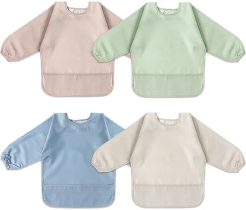 4 Pack Long Sleeve Bib, Waterproof Sleeved Smock for Baby Boy or Girl, Toddler Full Sleeve Bib Outfit, Reusable Bib with Pocket, Fits Ages 6-24 Months POIKSHARK