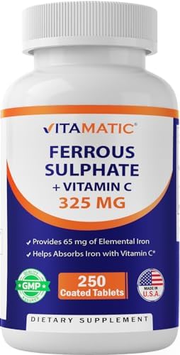 Vitamatic Ferrous Sulphate 325 mg + Vitamin C 100 mg - (65 mg Elemental Iron) High Potency Iron Supplement | No Artificial Color Additives - 250 Coated Tablets (Таблетки с покрытием) - Made in USA Vitamatic