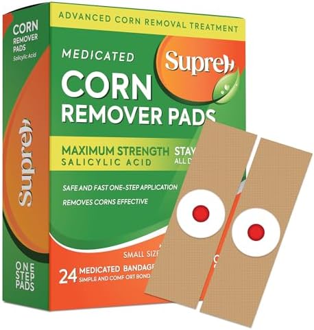 Small Corn Removal for Feet & Toes: Corn and Callus Remover for Feet with 40% Salicylic Acid, One Step Feet Corn Remover Pads 24 Packs. SupreH