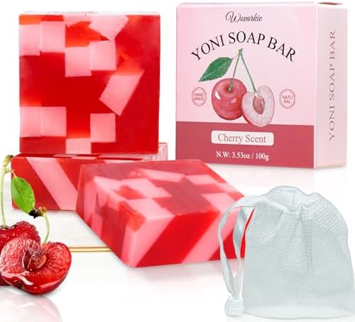 3 PCS Yoni Soap Bars for Women Ph Balance, Feminine Wash Vaginal Soap Yoni Wash Bar Eliminates Odor, Natural Feminine Care Yoni Bar Soap with Foaming Net(Cherry) Wovarkie