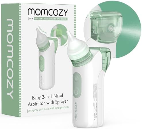 Momcozy 2-in-1 Baby Nasal Aspirator with Nasal Spray, Electric Nasal Aspirator for Baby, Battery Powered Nose Aspirator for Newborn and Toddler, 2 Tips Replacements, BN005 Momcozy