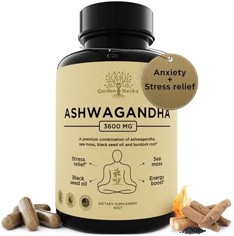 Organic Ashwagandha Root & Irish Sea Moss – 3,600 mg Ashwagandha Supplement with Black Seed Oil, & Burdock Root – Herbal Supplement for Energy, Stress Relief, Extra Strength, 60 Caps Garden of Herbz