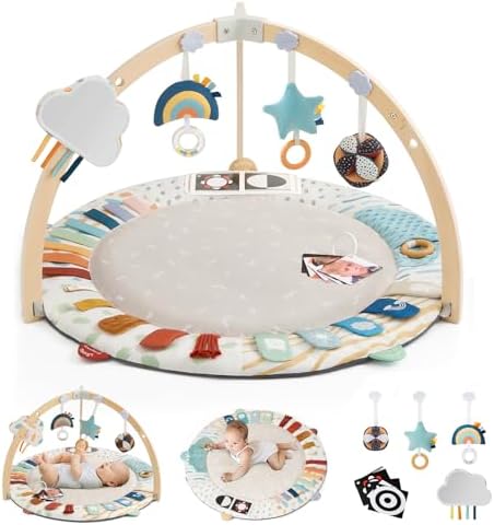 Blissful Diary Baby Play Gym & Mat, 5 Developmental Zones Baby Activity Mat, Wooden Tummy Time Mat with 6 Detachable Sensory Toys for Motor Skills & Sensory Development, Baby Essentials Shower Gift Blissful Diary