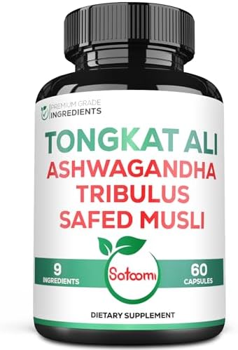 Satoomi Tongkat Ali Root Extract 200:1-9 Essential Herbs with Ashwagandha, Tribulus Terrestris & More - Support Strength, Energy and Healthy Immune - 60 Vegan Caps 2 Month Supply Satoomi