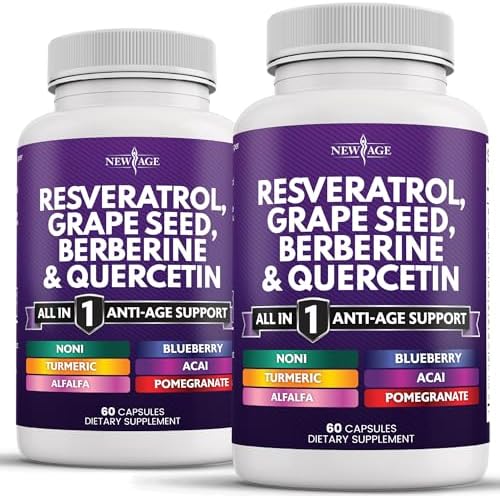 NEW AGE Resveratrol 6000mg Berberine 3000mg Grape Seed Extract 3000mg Quercetin 4000mg - Polyphenol Supplement for Women and Men with Noni Extract, N-Acetyl Cysteine, Acai Extract - 120 Capsules NEW AGE