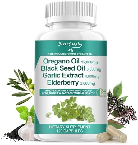 Oregano Oil Capsules (Капсулы) Organic 12,000 mg with Black Seed Oil Garlic Elderberry - 120 Vegan Count - Immune, Digestive Support & Antioxidant for Men and Women with Vitamin D3 & Magnesium Glycinate Non GMO GREENPEOPLE