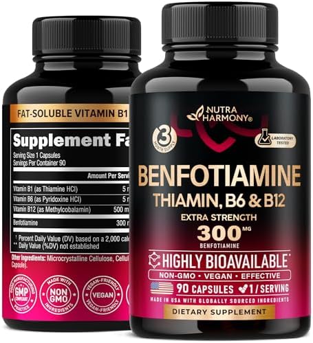 Benfotiamine 300 mg - Nerve Support, Energy & Metabolism Support - Benfotiamine Supplement Fat-Soluble Vitamin B1 - Highly Bioavailable & Absorbable - with Thiamin, Vitamin B12 & B6 - 90 Capsules (Капсулы) NUTRAHARMONY