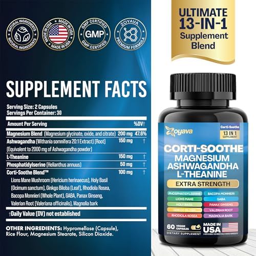 Cortisol Supplement Magnesium Glycinate 200mg L-Theanine 150mg Ashwagandha 150mg Phosphatidylserine 50mg & Cortisol Manager Lions Mane Holy Basil Ginkgo Biloba Bacopa Monnieri Valerian Root (60 Caps) Zoyava