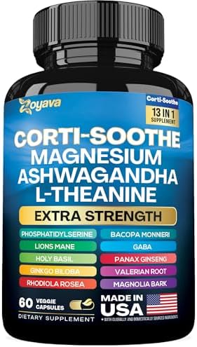 Zoyava Corti-Soothe Cortisol Supplement Magnesium Glycinate 200mg L-Theanine 150mg Ashwagandha 150mg Phosphatidylserine Cortisol Manager Lions Mane Ginkgo Biloba Bacopa Monnieri Valerian Root 60 Caps Zoyava